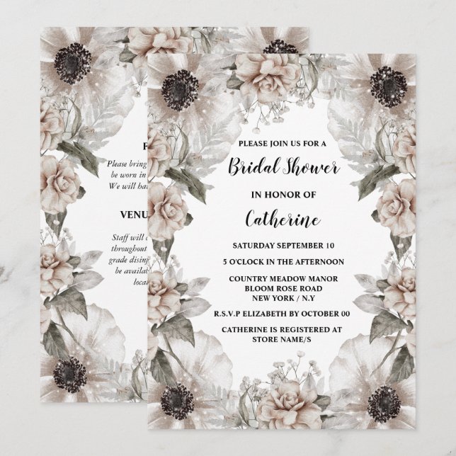 Invitación Flor de adormidera blanca marfil marco floral eleg (Anverso / Reverso)