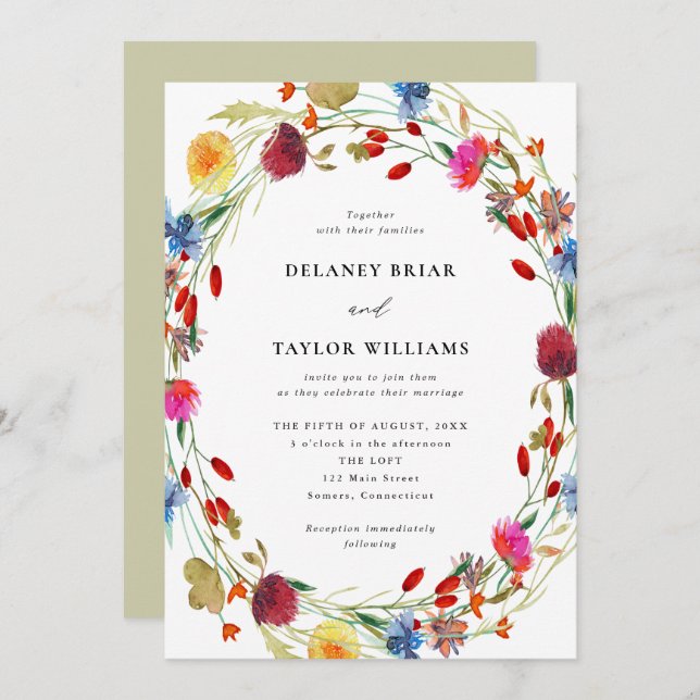 Invitación Flor de agua de flores silvestres en un solo Boda (Anverso / Reverso)