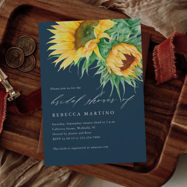 Invitación Flor de agua de girasol rusa Script ducha de novia (A rustic sunflower wedding invitation with hand painted florals. Great for a fall wedding.)