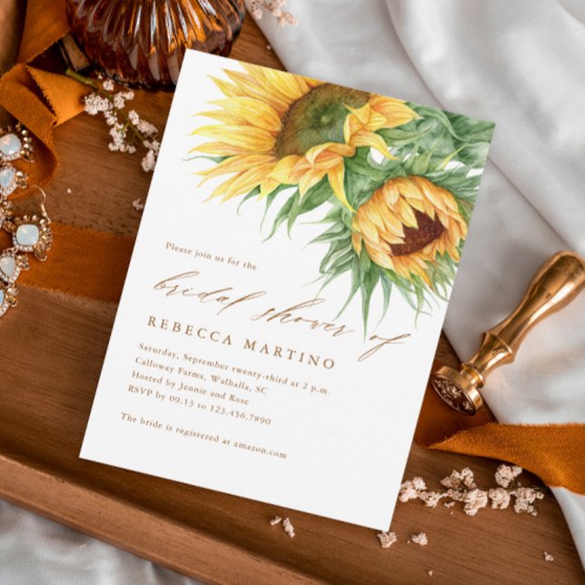 Invitación Flor de agua de girasol rusa Script ducha de novia (Rustic sunflower fall bridal shower invitation with hand-painted florals and script typography.)