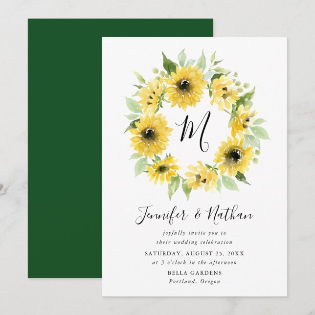 Invitación Flor de agua girasoles monograma | BODA (Anverso / Reverso)