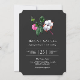 Invitación Flor de algodón blanco. Boda botánico negro