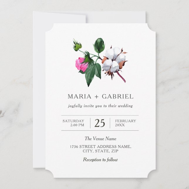Invitación Flor de algodón blanco. Boda botánico ruso (Anverso)