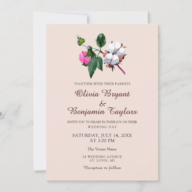 Invitación Flor de algodón blanco. Boda botánico ruso (Anverso)