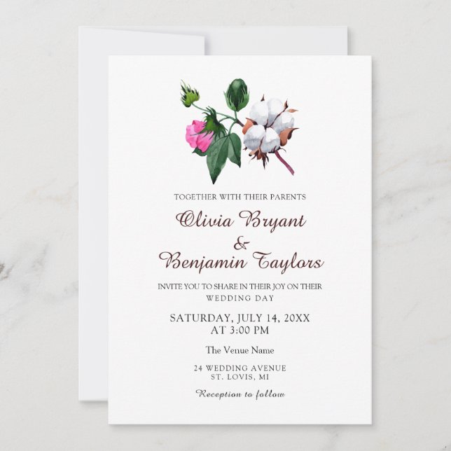 Invitación Flor de algodón blanco. Boda de Naturaleza de moda (Anverso)