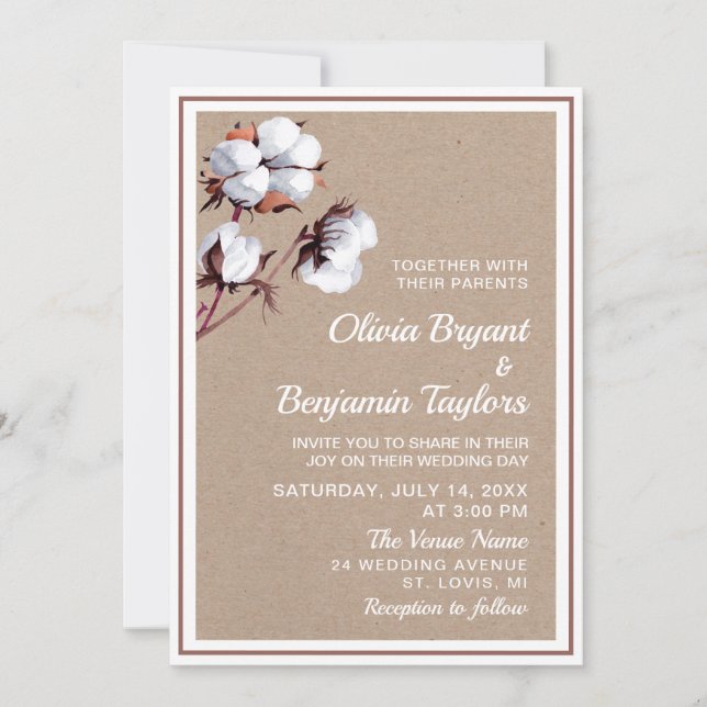 Invitación Flor de algodón blanco. Kraft Boda I ruso moderno (Anverso)