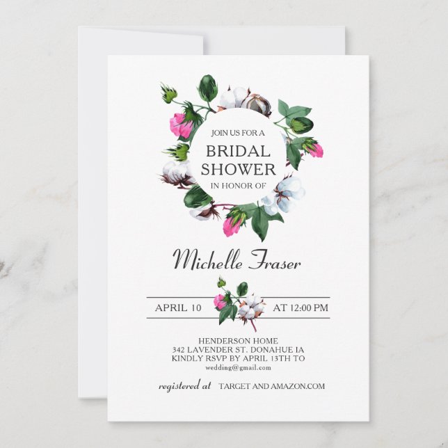 Invitación Flor de algodón blanco. Rústica Floral Bridal Show (Anverso)