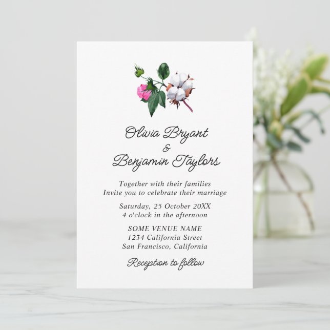 Invitación Flor de algodón floreciente. Boda rústica y elegan (Anverso de pie)