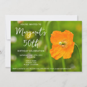 Invitación Flor de Amapola Naranja en Foto Verde Cumpleaños 5