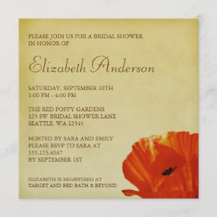 Invitación Flor de amapola roja, ducha de novia