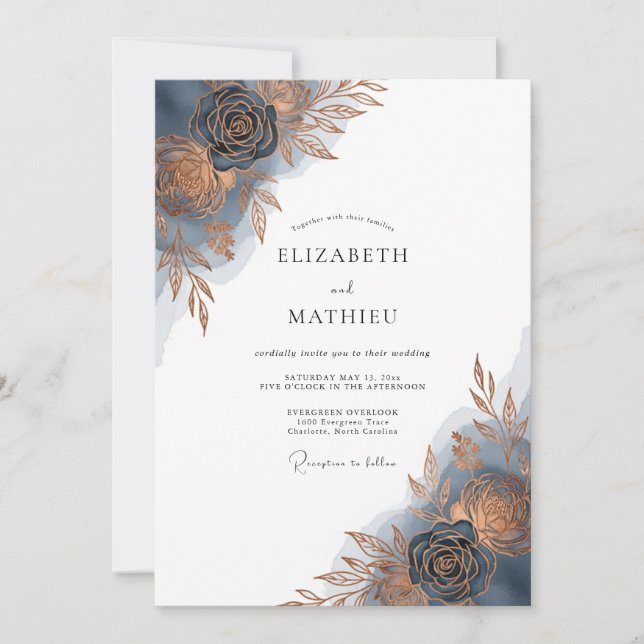 Invitación Flor de Boda con Pincelada Índigo (Anverso)