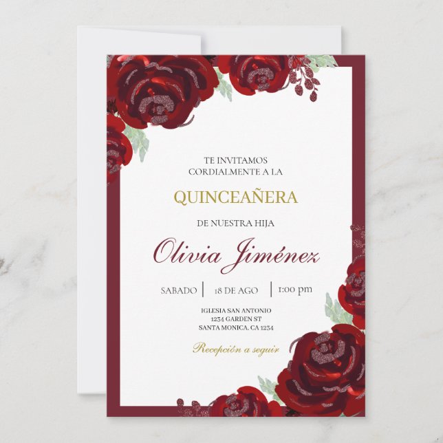 Invitación Flor de Borgoña quinceañera (Anverso)