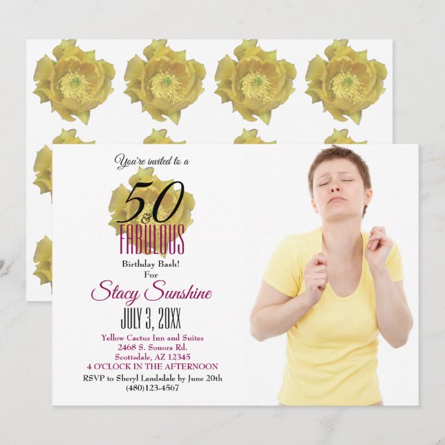 Invitación Flor de cactus amarilla 50 y fabuloso cumpleaños (Anverso / Reverso)