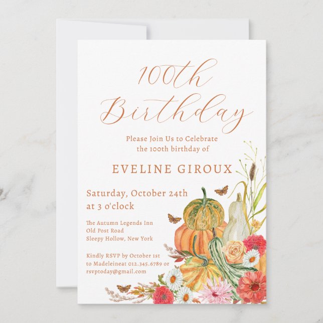 Invitación Flor de calabaza Caída Flor Silvestre 100 cumpleañ (Anverso)
