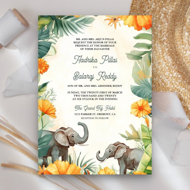 Invitación Flor de Calendula Hojas de Palma Elefante Boda Ind (Subido por el creador)