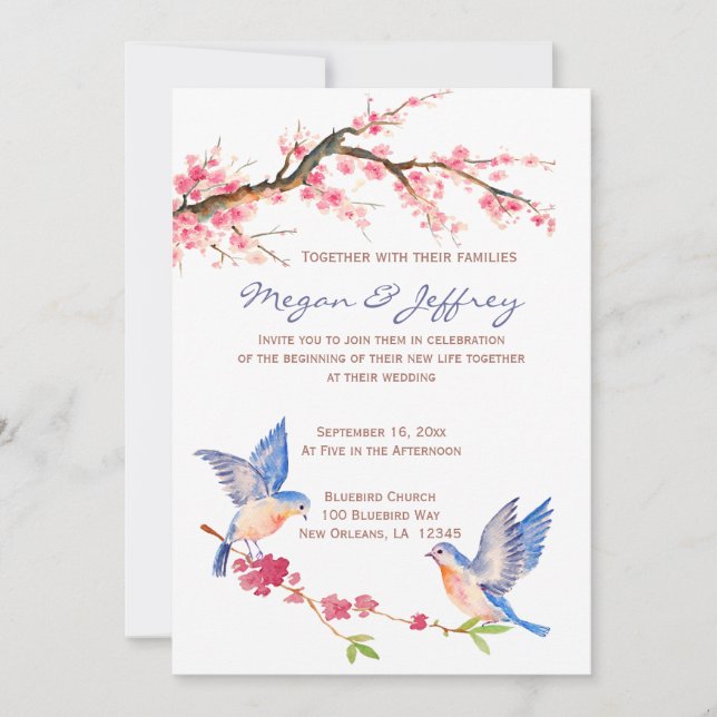 Invitación Flor de cerezo acuarela con BlueBirds (Anverso)