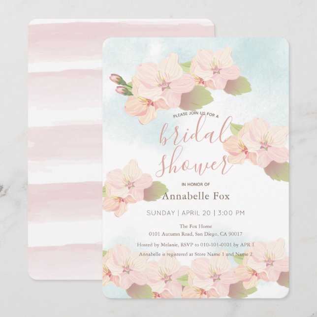 Invitación Flor de cerezo acuarela rosa ducha de novia (Anverso / Reverso)