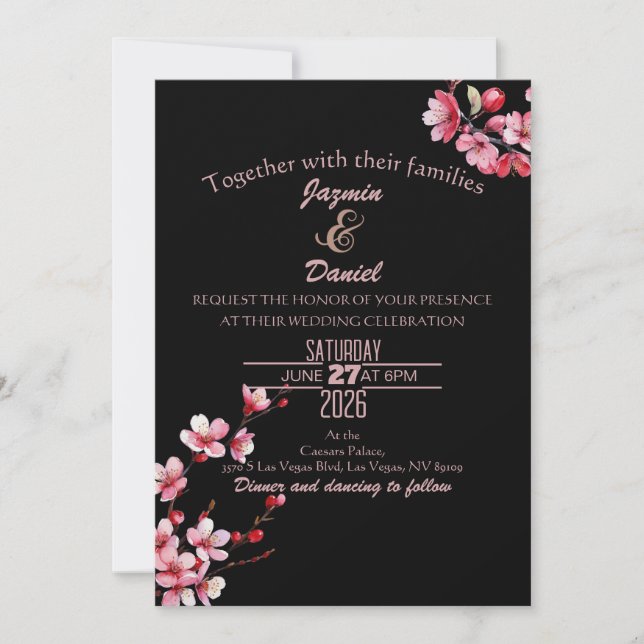 Invitación Flor de Cerezo Acuarela Rosa Rojo (Anverso)