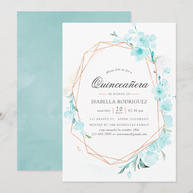 Invitación Flor de Cerezo Azul Geométrica Primavera Quinceañe (Anverso / Reverso)