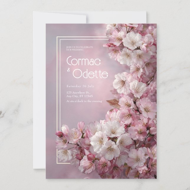 Invitación Flor de Cerezo Blanca Marco Dorado Boda Romántica (Anverso)