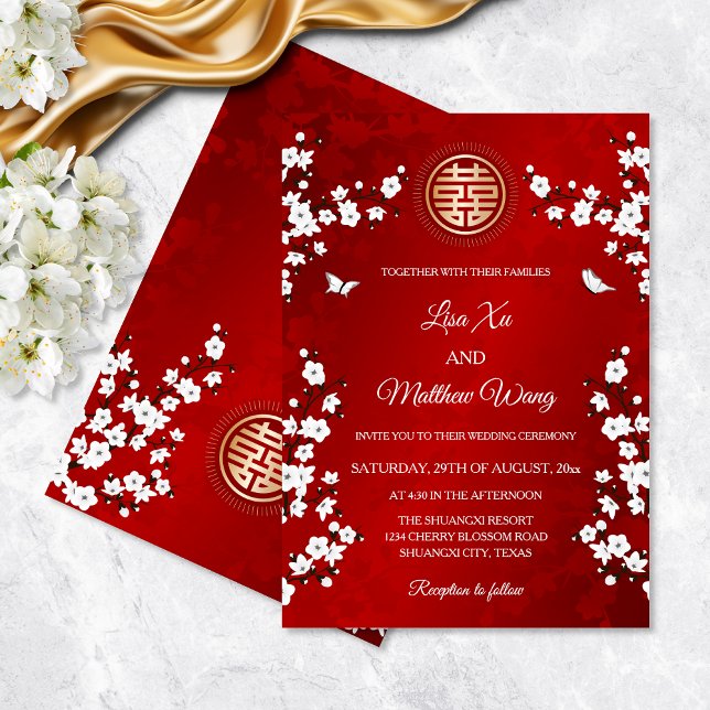 Invitación Flor de cerezo blanco | Boda chino rojo (Subido por el creador)