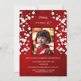 Invitación Flor de cerezo blanco rojo | Cumpleaños del Chica 