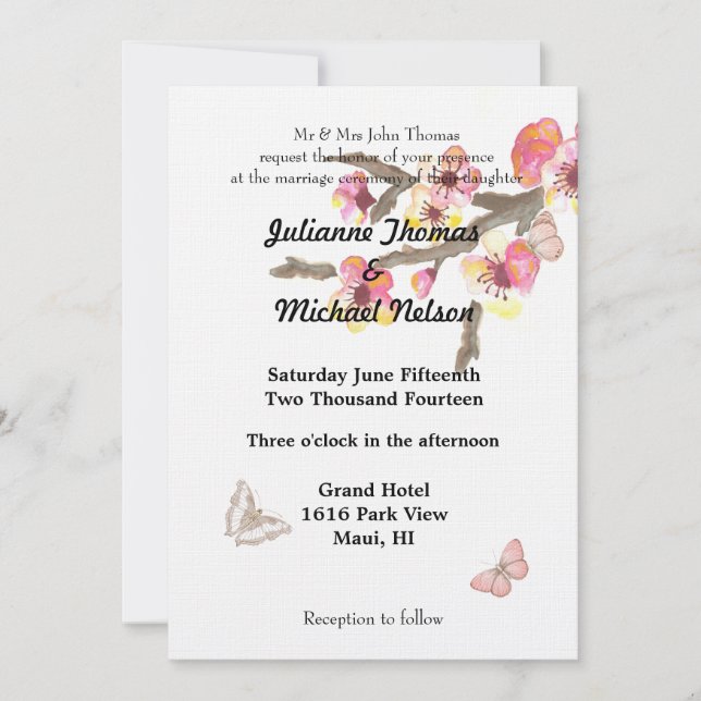 Invitación Flor de cerezo con Boda de mariposas (Anverso)