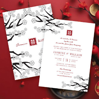 Invitación Flor de Cerezo en Blanco y Negro 囍 Boda China