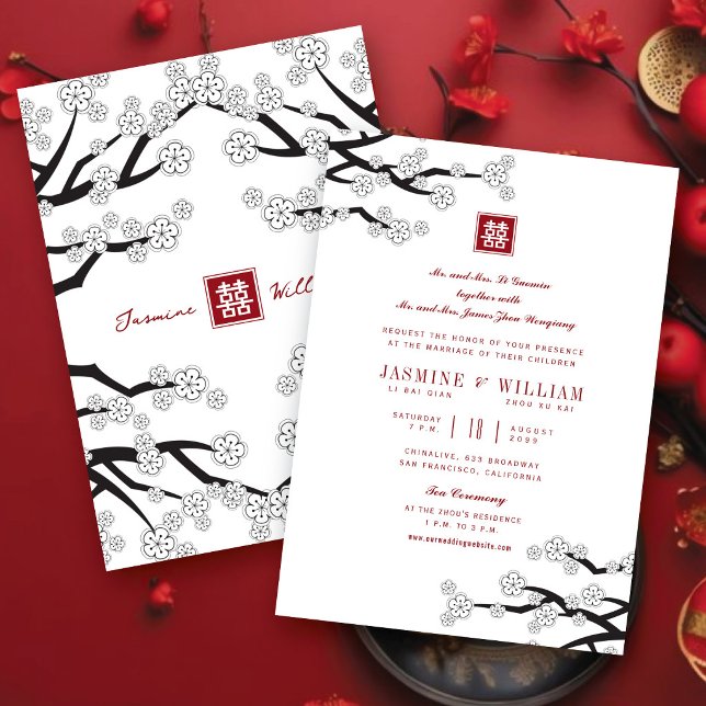 Invitación Flor de Cerezo en Blanco y Negro 囍 Boda China (Black And White Sakura Cherry Blossoms 囍 Chinese Wedding Invitation @ fatfatin_red_knot)