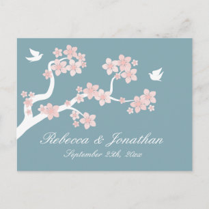 Invitación Flor de cerezo en la postal azul RSVP