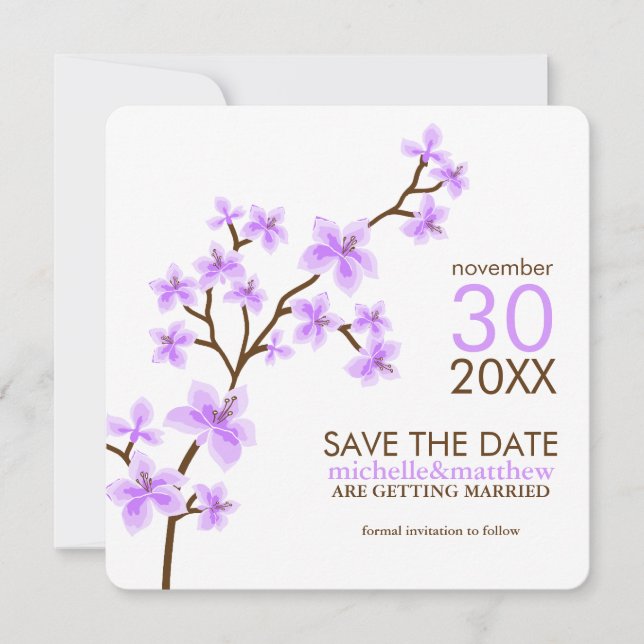 Invitación Flor de cerezo lavanda guarda la fecha (Anverso)