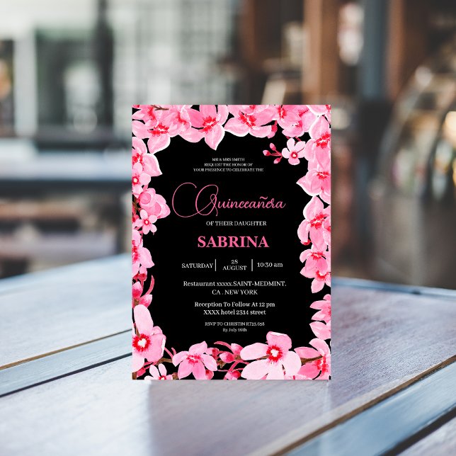 Invitación Flor de cerezo negro y rosa Quinceanera (Subido por el creador)