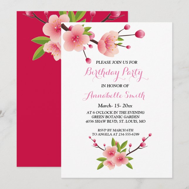Invitación Flor de cerezo Pink White floral Cumpleaños (Anverso / Reverso)