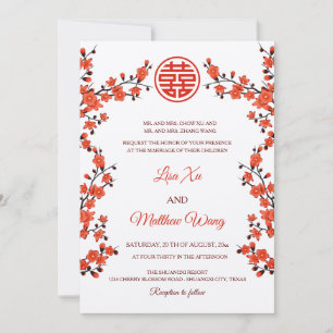 Invitación FLOR DE CEREZO ROJA BILINGÜE   Boda China