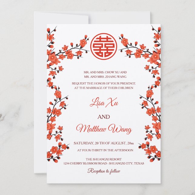 Invitación FLOR DE CEREZO ROJA BILINGÜE | Boda China (Anverso)