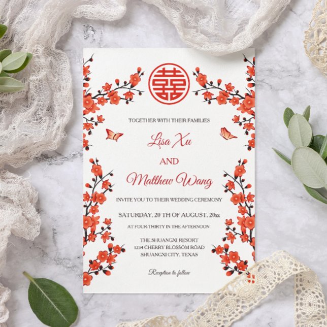Invitación Flor de cerezo rojo | Boda chino (Subido por el creador)
