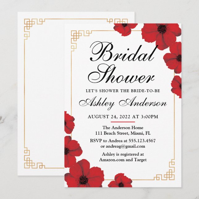 Invitación Flor de cerezo rojo en ducha de novia china (Anverso / Reverso)