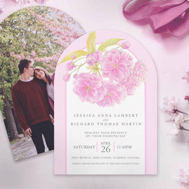 Invitación Flor de cerezo rosa acuarela foto boda arco (Subido por el creador)