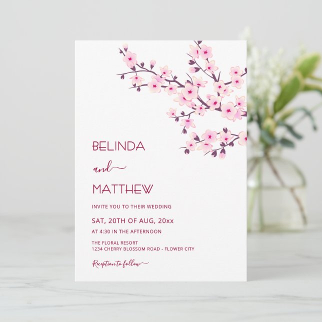 Invitación Flor de Cerezo Rosa Blanco Boda Casual (Anverso de pie)