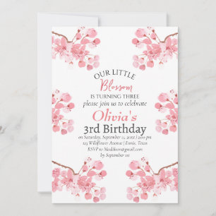 Invitación Flor de Cerezo Rosa Cumpleaños 3 Tercer Cumpleaños