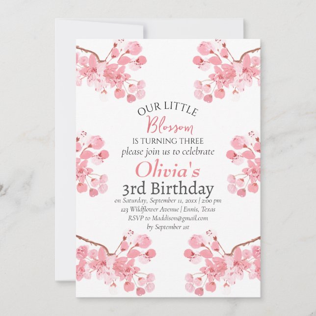Invitación Flor de Cerezo Rosa Cumpleaños 3 Tercer Cumpleaños (Anverso)