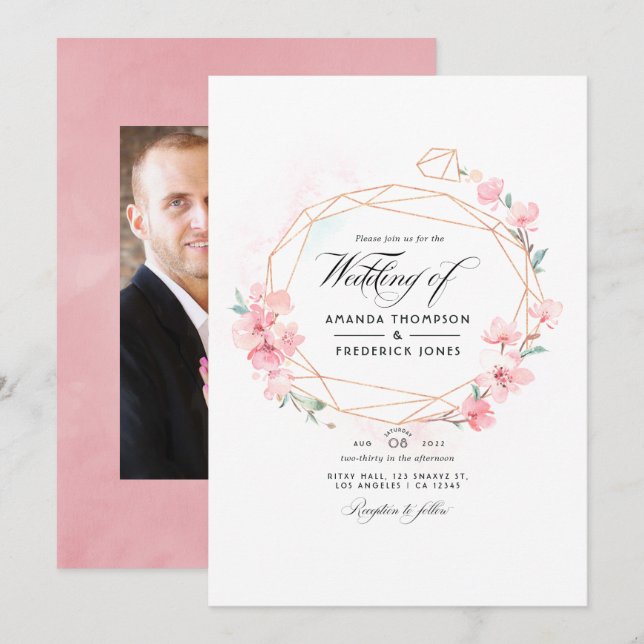 Invitación Flor de cerezo rosa geométrica boda de primavera F (Anverso / Reverso)