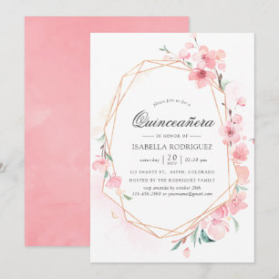 Invitación Flor de Cerezo Rosa Geométrica Quinceañera de Prim