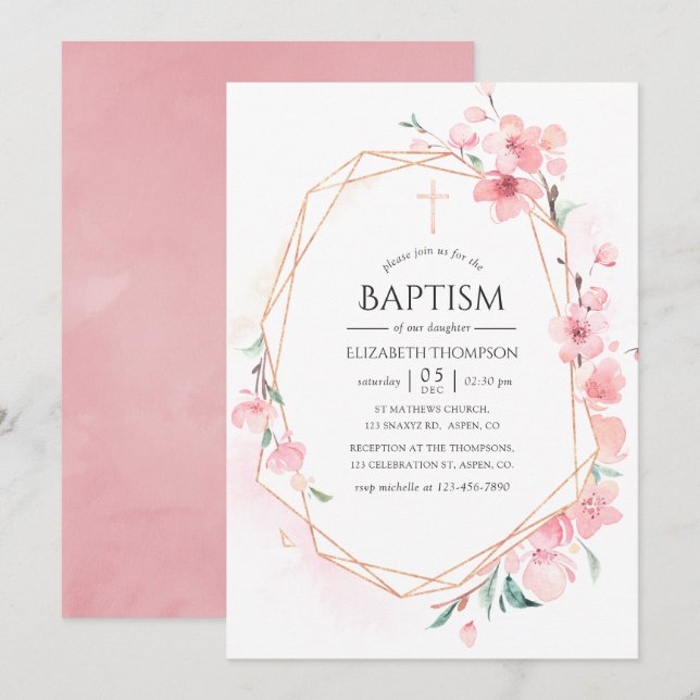 Invitación Flor de Cerezo Rosa Geométrico Bautizo (Anverso / Reverso)