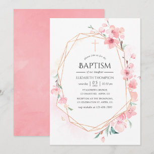 Invitación Flor de Cerezo Rosa Geométrico Bautizo