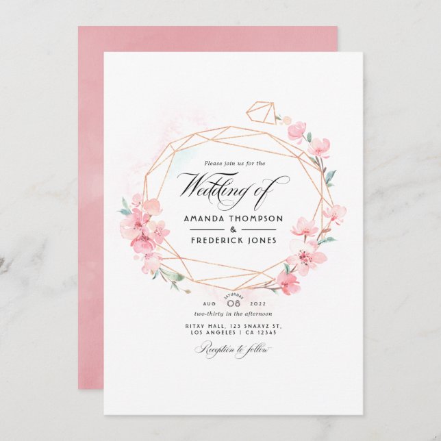 Invitación Flor de Cerezo Rosa Geométrico Código QR RSVP Boda (Anverso / Reverso)