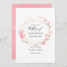 Invitación Flor de Cerezo Rosa Geométrico Código QR RSVP Boda