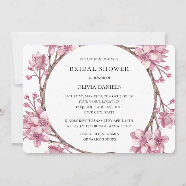 Invitación Flor de cerezo rosa primavera. Floral Bridal Showe (Anverso)