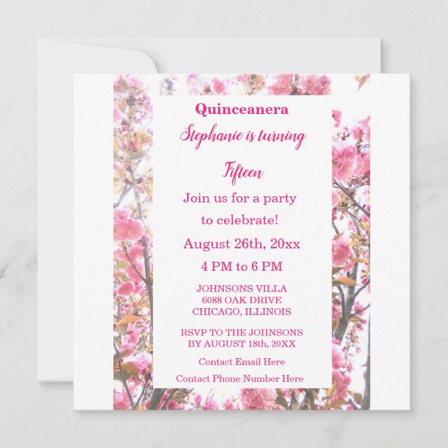 Invitación Flor de cerezo rosa Quinceanera Quince cumpleaños (Anverso)
