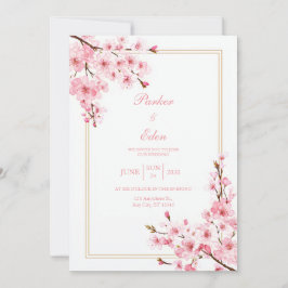 Invitación Flor de Cerezo Rosa Romántico Marco Dorado Boda